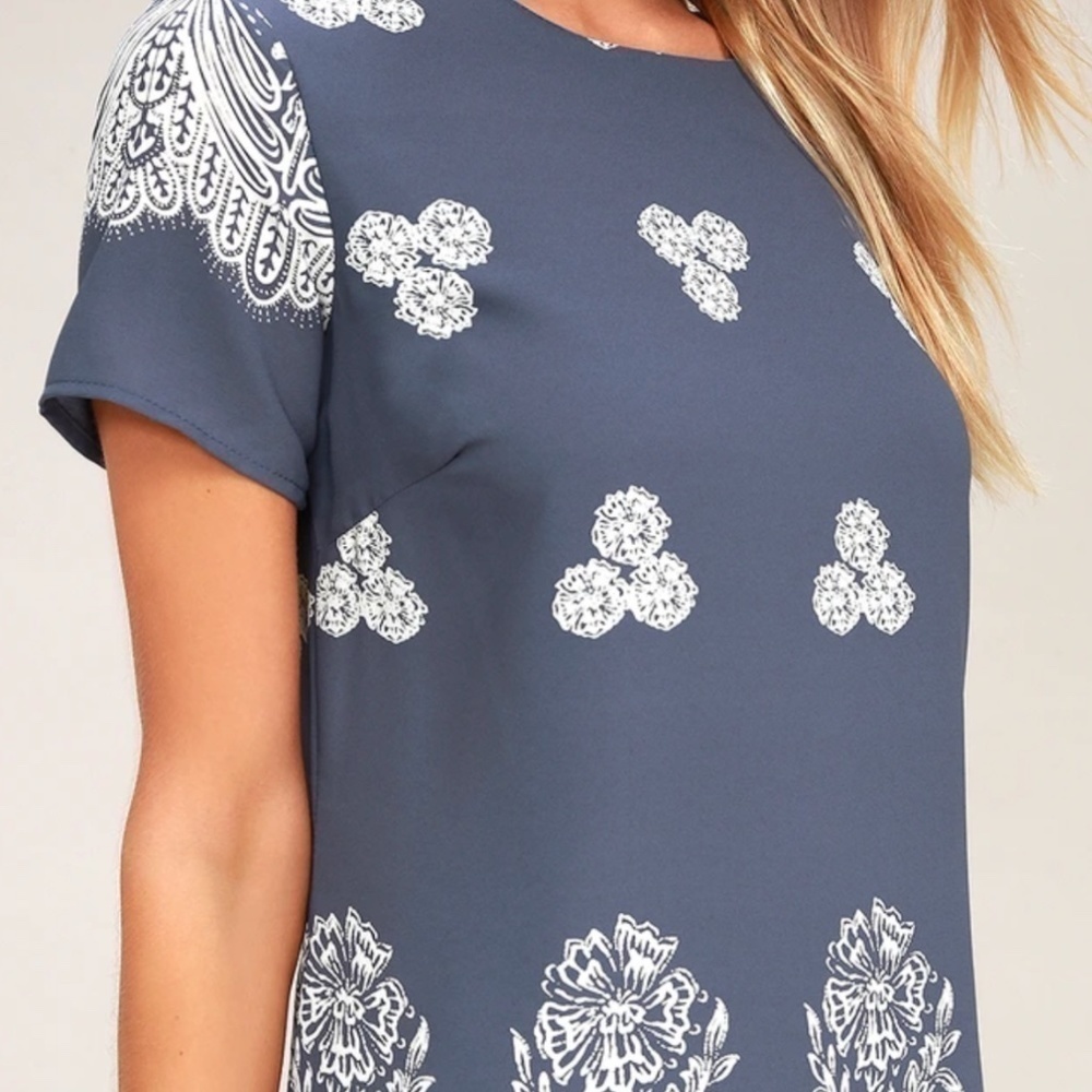 Lulus Riverside State Blue Floral Print Shift Dress Short Sleeve Mini Length - Picture 5 of 16